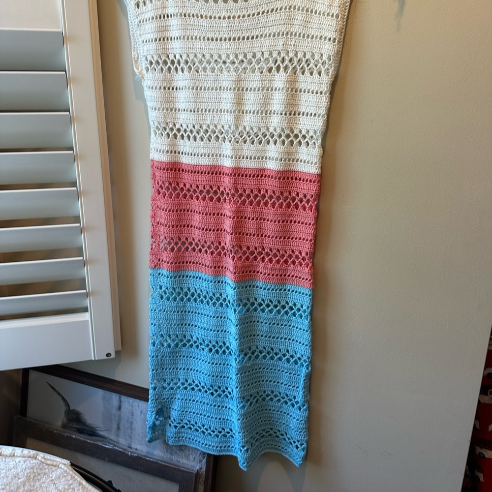Crochet Striped Dress in White, Pink, and Blue - Picture 2 of 13